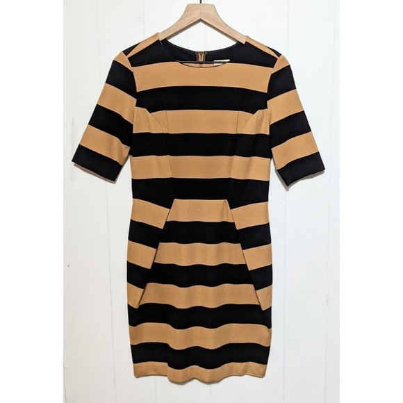 Fossil Dress Womens S Tan Black Rugby Striped Short Sleeve Sheath Zip Preppy - Picture 4 of 4